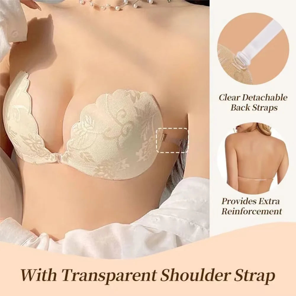 Scalloped Lace Adhesive Bra – Front Buckle Push Up Sticky Bra Adhesive Push-Up Bra Babs