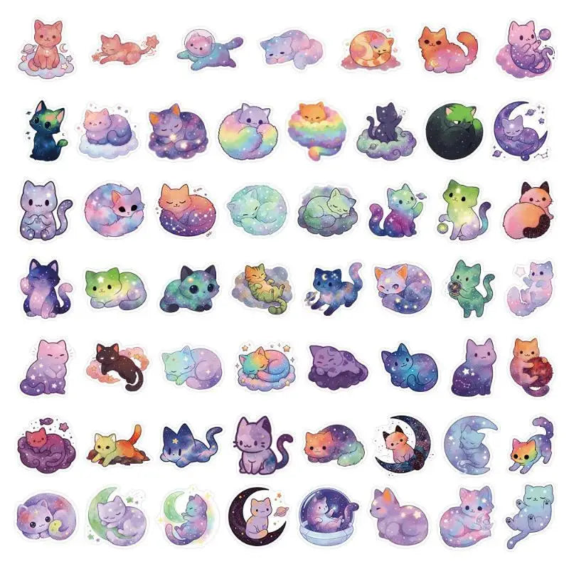 50/100-Pack Waterproof Cat & Dog Starry Night Doodle Stickers Decorative Stickers Babs A2
