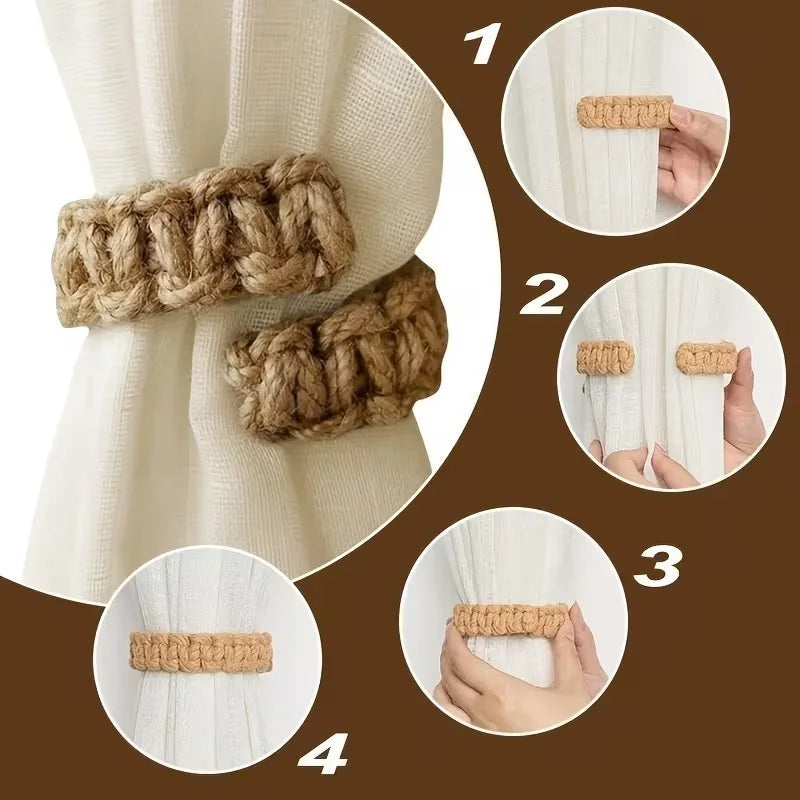 Handwoven Jute Curtain Tiebacks – Boho Farmhouse Drapery Holders Curtain Tiebacks Babs
