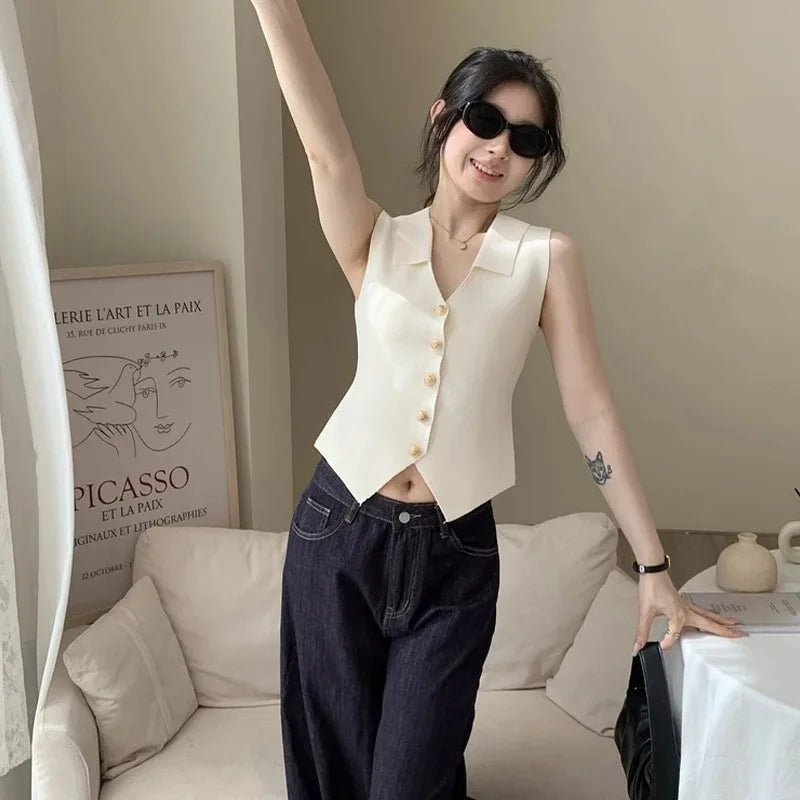 Women's V-Neck Gold Buckle Knit Vest – Slim Fit Summer Top Knit Vest Top Babs