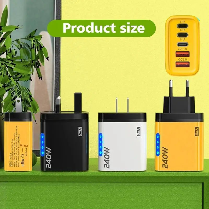 240W GaN Fast Charger 5-Port USB-C PD & QC3.0 Adapter GaN Wall Charger Babs