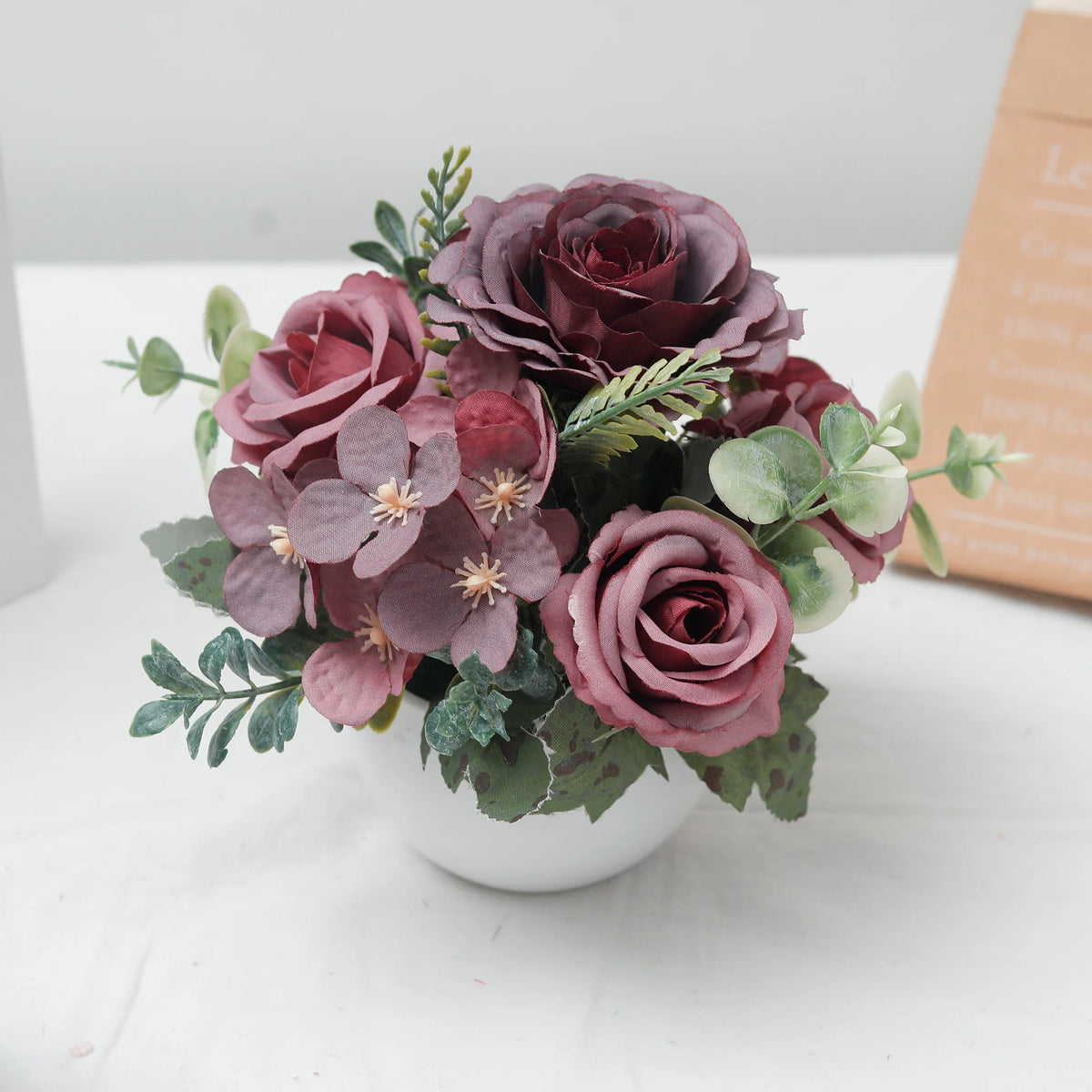 Silk Rose Hydrangea Bonsai – 6-Head Artificial Flower Décor Artificial Flower Bonsai Babs Dark Red