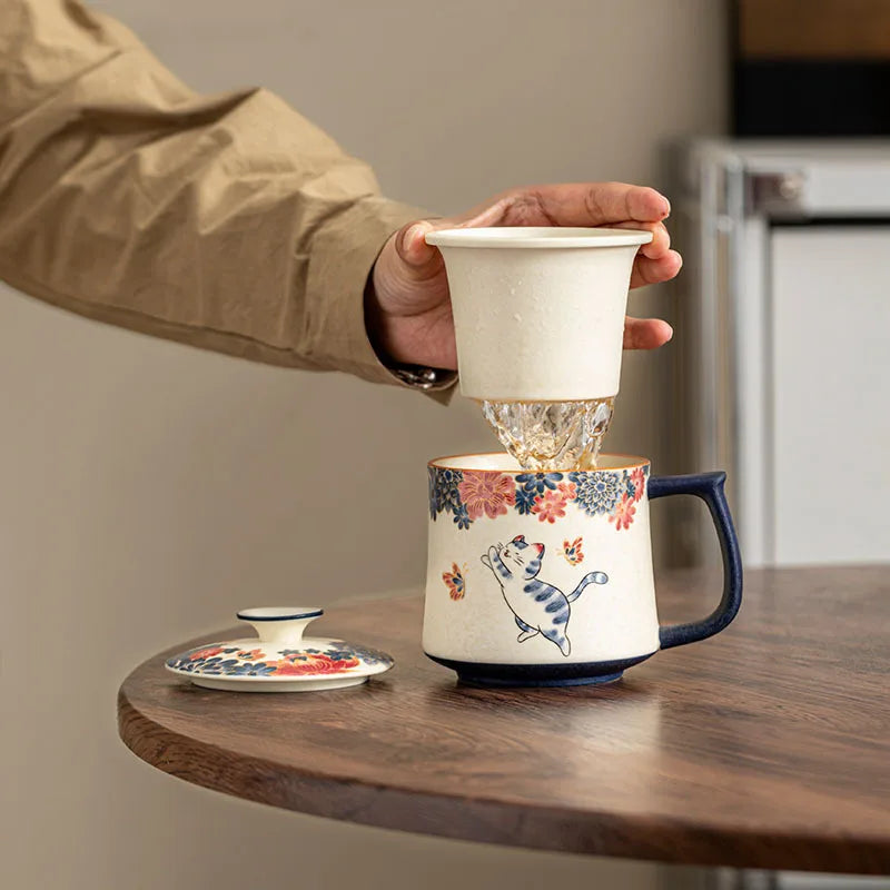 Cat Pattern Ceramic Mug with Lid | Chinese Style Teacup Ceramic Tea Mug Babs