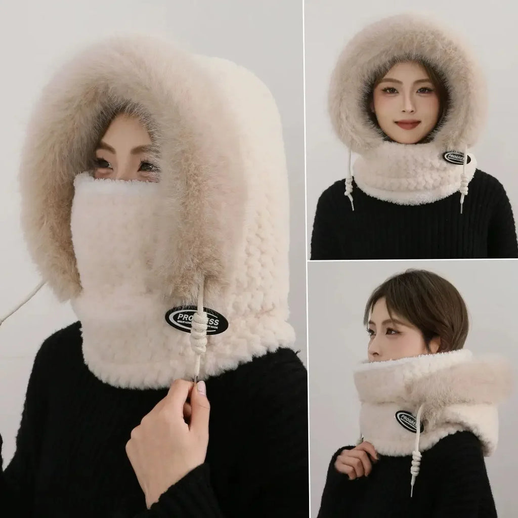 Women's Thermal Plush Hat Hood Scarf & Mask – Windproof Winter Hat Hood Babs B