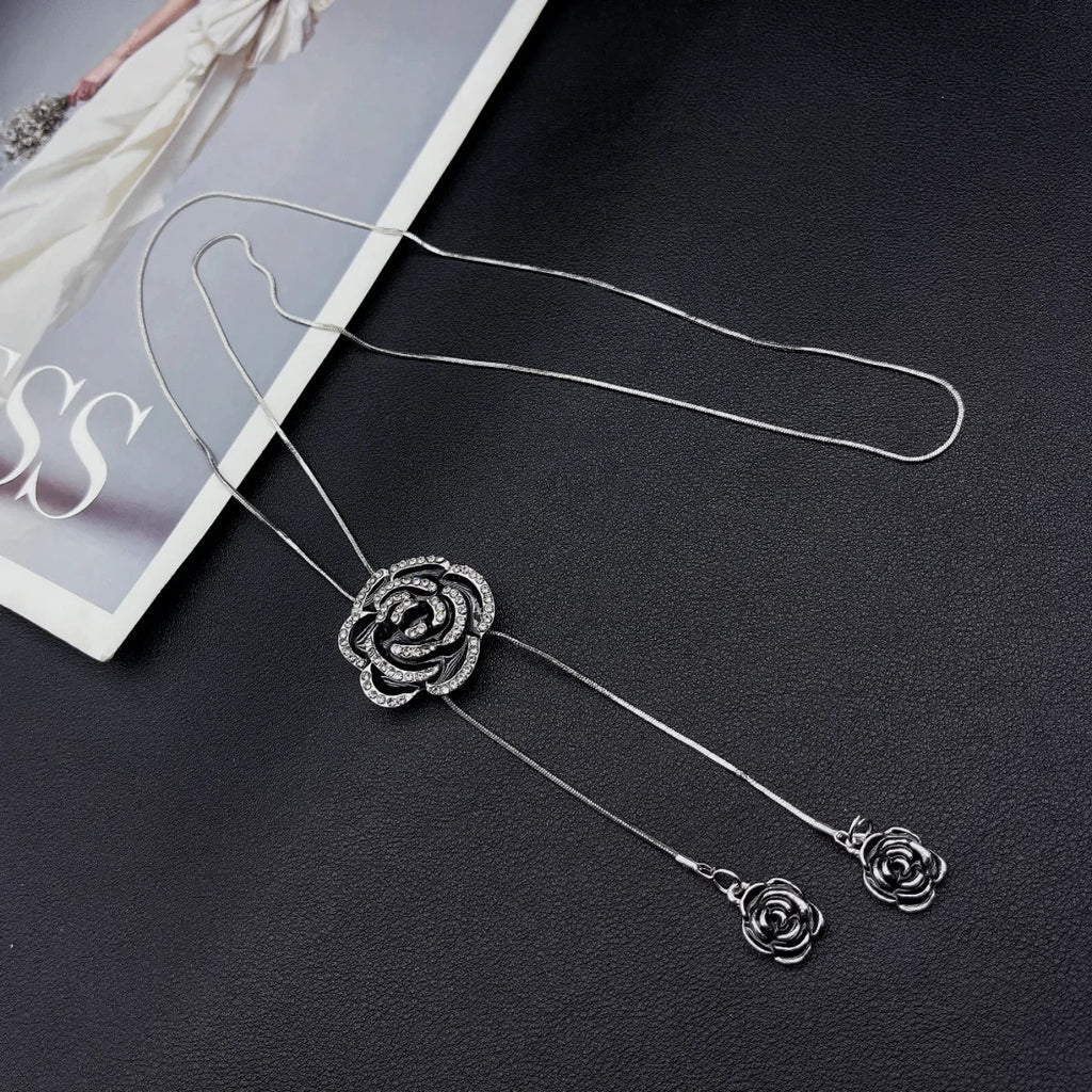 Women's Black Rose Long Sweater Chain Necklace | Zinc Alloy Fashion Necklace Babs