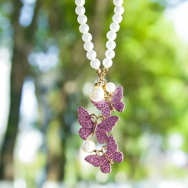 Pearl Butterfly Car Pendant – Rhinestone Alloy Rearview Charm Car Interior Pendant Babs purple