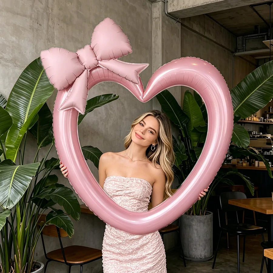 2pcs Hollow Heart Foil Balloons Pink Bow – Party Wedding Décor Foil Party Balloons Babs