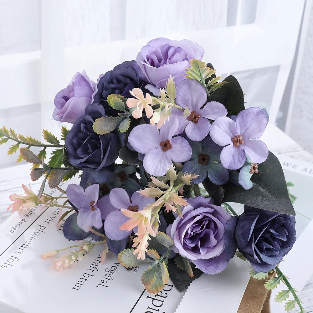 Silk Rose & Hydrangea Artificial Bouquet | Wedding & Home Décor Artificial Flower Bouquet Babs Deep Purple 3PC