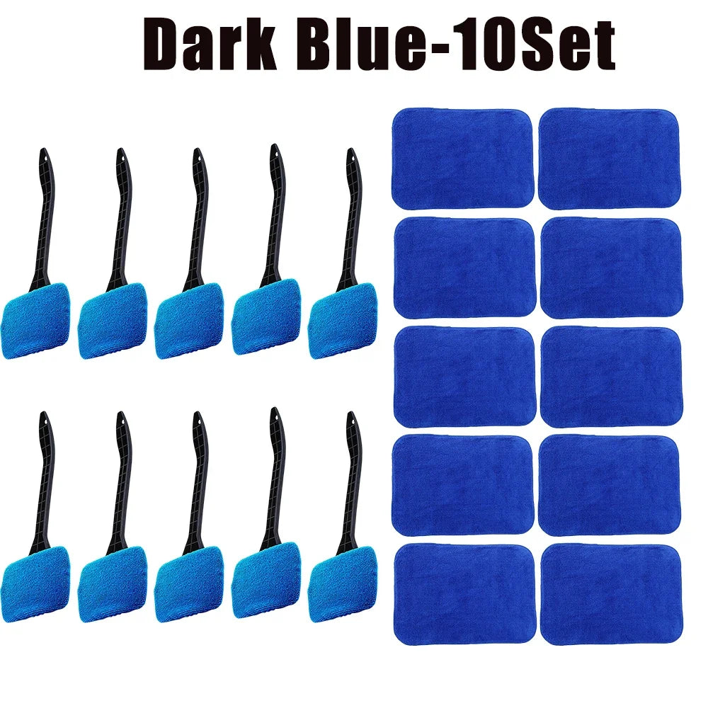 Car Window Cleaner Brush Kit – Long Handle Microfiber Wiper Car Cleaning Brush Babs Dark Blue-10Set