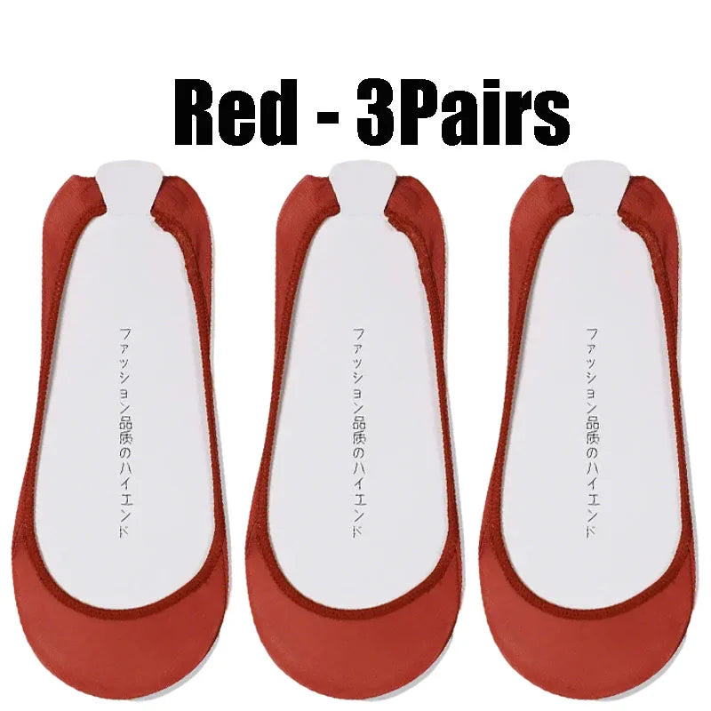 Women's Invisible No-Show Socks – Ice Silk Silicone Non-Slip No-Show Boat Socks Babs Red - 3PairS 1XL