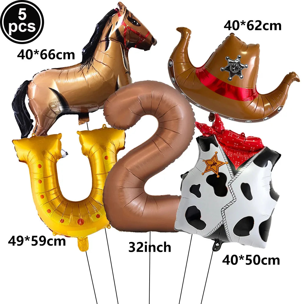 5-Pc Western Cowboy Foil Balloon Set | Rodeo Birthday Party Decor Party Foil Balloons Babs Ruby As pictures show