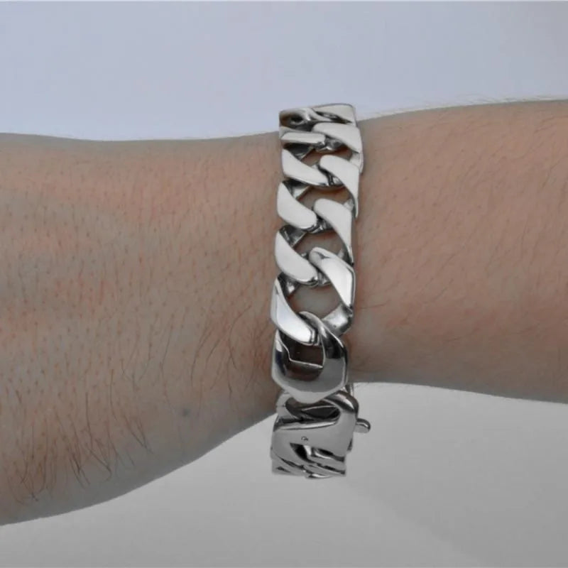 Titanium Steel Biker Curb Chain Bracelet – Unisex Black Silver Chain Link Bracelet Babs