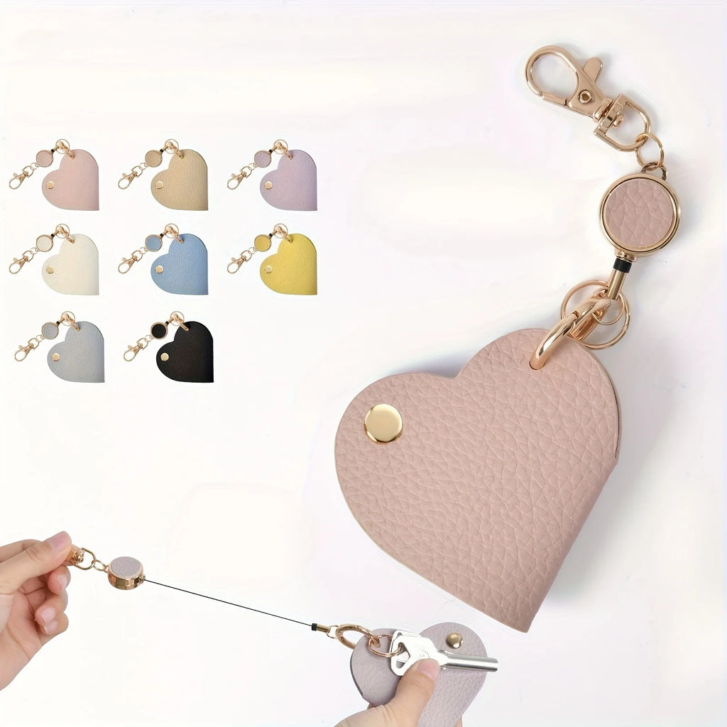 Heart-Shaped Leather Key Bag with Retractable Pull Tab Leather Key Holder Babs