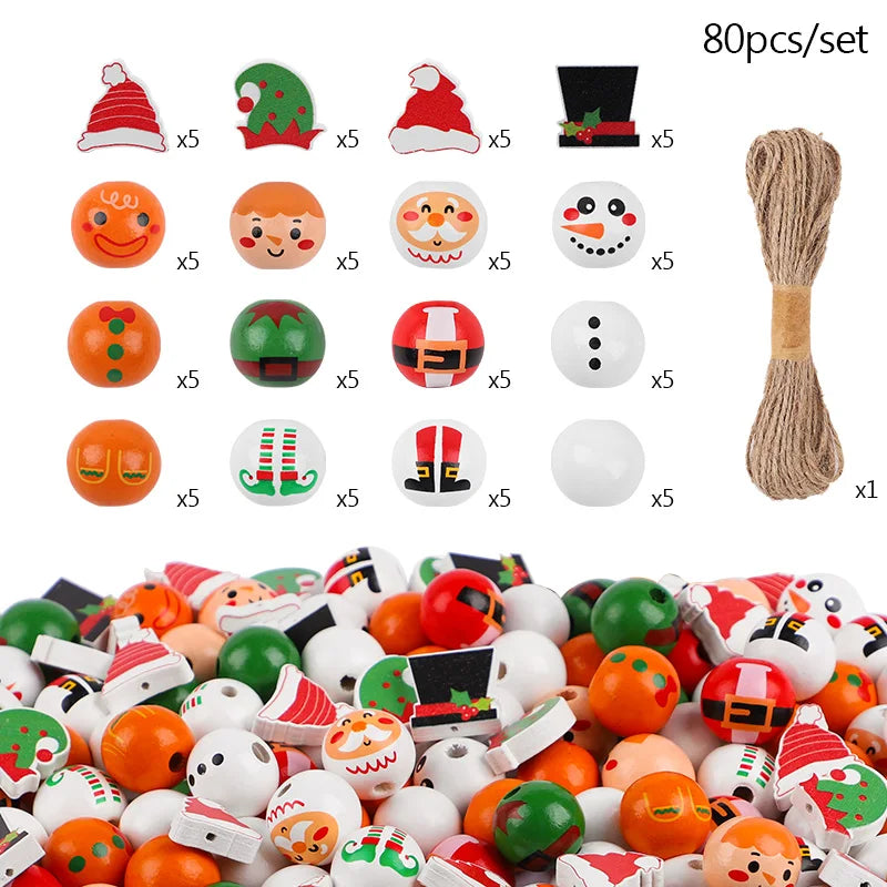 DIY Christmas Wooden Beads Set – Santa Snowman Garland 48/80 Pcs DIY Craft Bead Set Babs 80pcs set