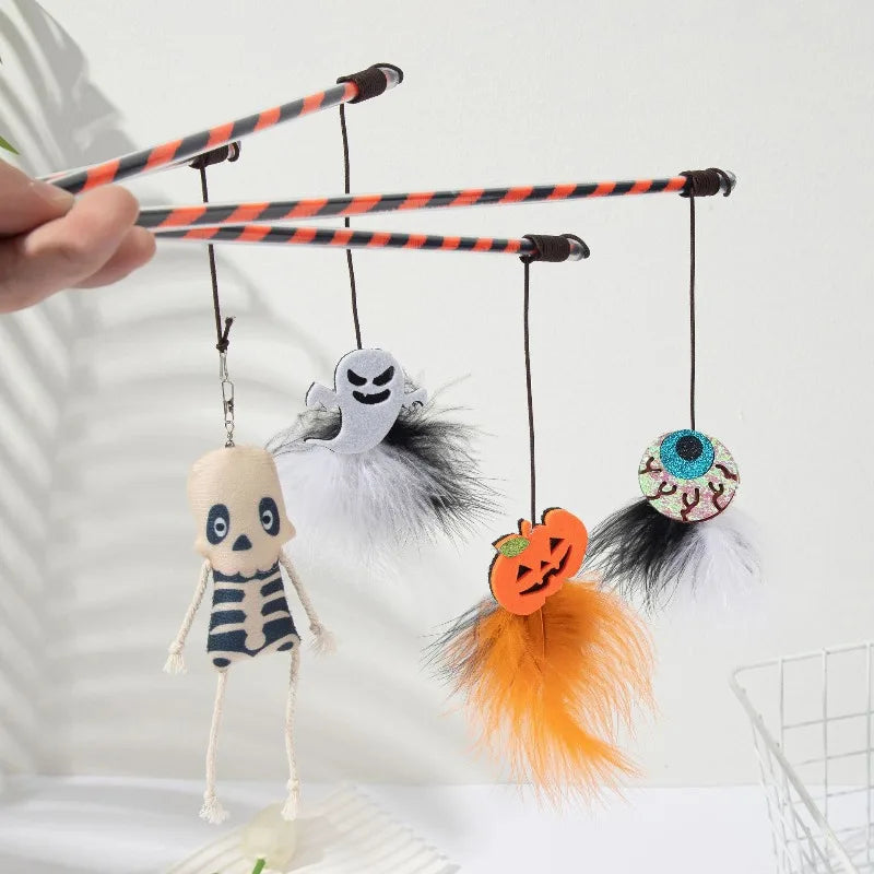Halloween Cat Teaser Stick – Pumpkin Ghost Feather Bell Toy Cat Teaser Toy Babs