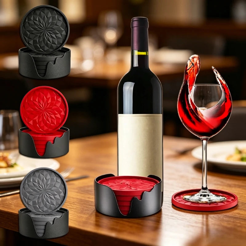 6-Pack Silicone Coasters with Holder – Non-Slip Diamond Pattern Silicone Coaster Set Babs