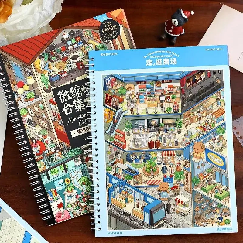 Miniature Scene Sticker Book – 7 Urban Themes, Smudge-Proof DIY Sticker Craft Book Babs
