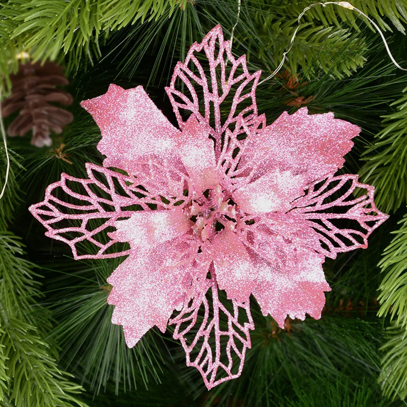 5pcs Glitter Artificial Christmas Flowers – Tree & Home Decor Christmas Floral Picks Babs pink 16cm