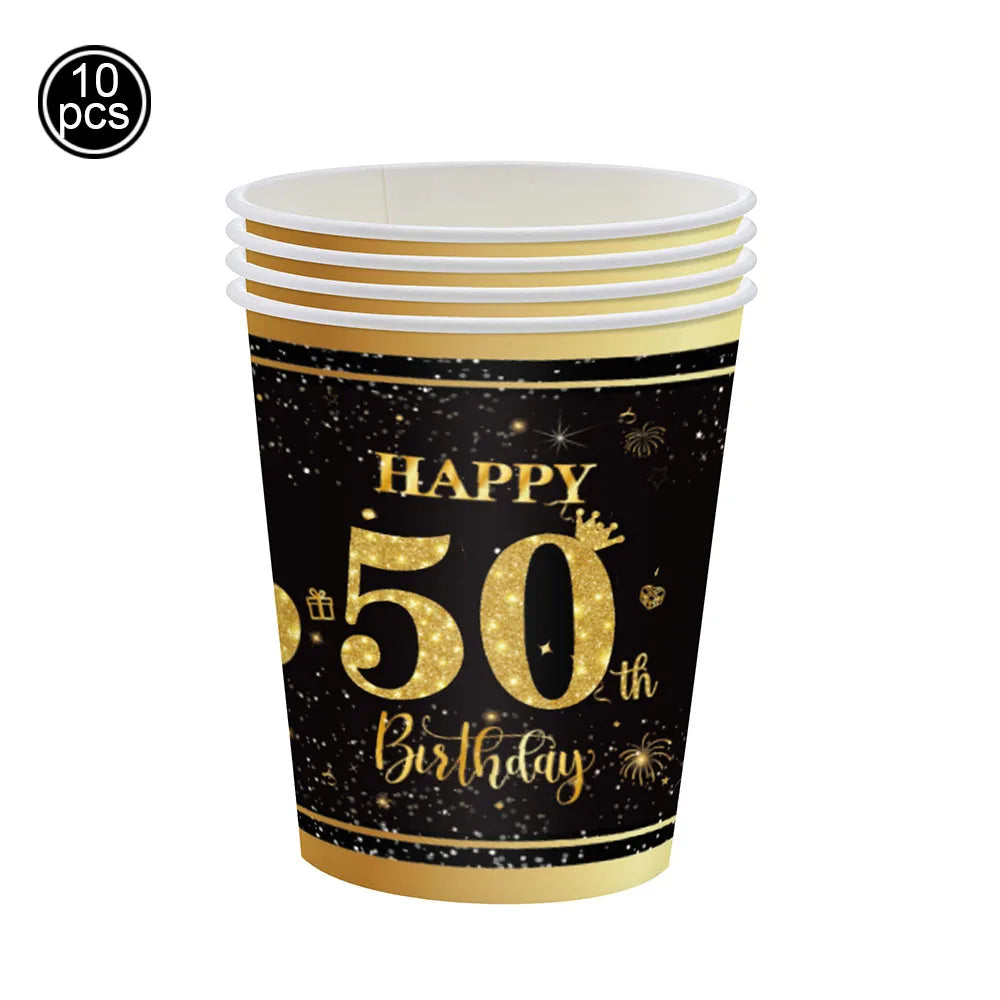 50th Birthday Party Decorations – Black & Gold Tableware Set