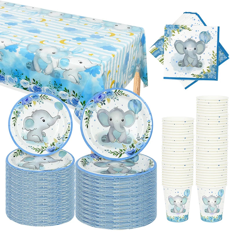 Blue Elephant Disposable Party Tableware – Baby Boy 1st Birthday Party Tableware Set Babs