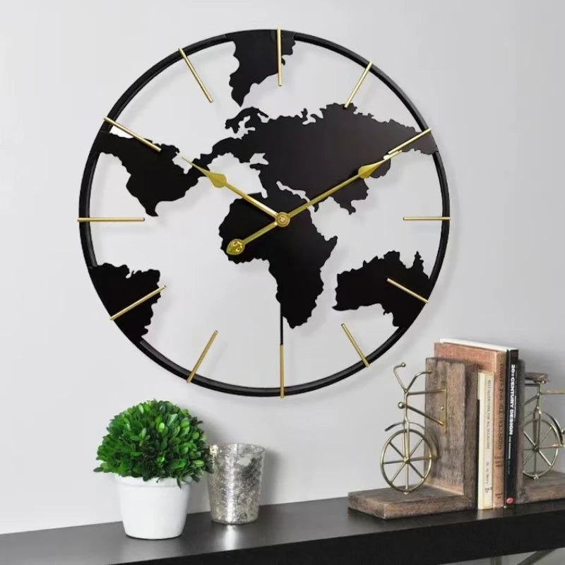Modern Silent World Map Wall Clock – 60CM Metal Mural Wall Clock Babs