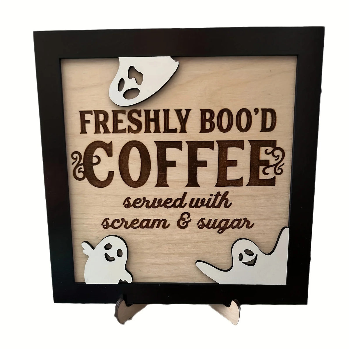 3D Wooden "Fresh Boo Coffee" Halloween Sign with Ghost Accent Wooden Décor Sign Babs