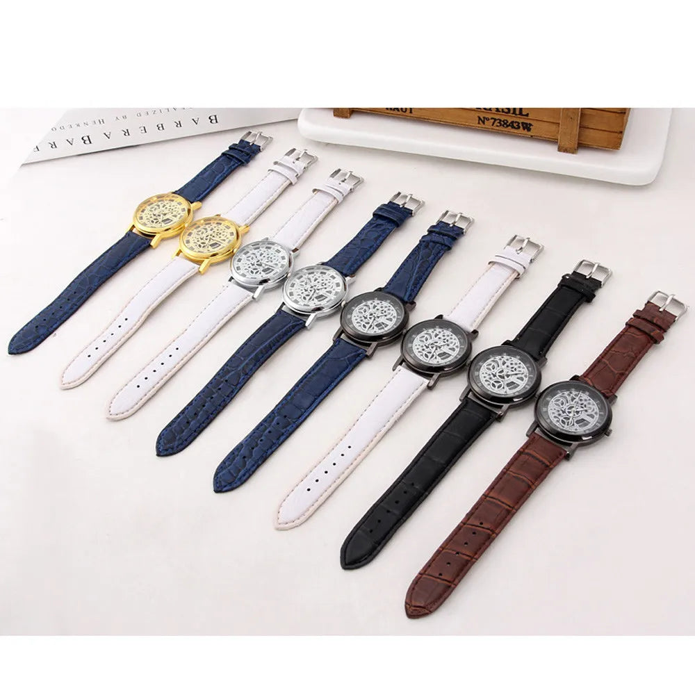 Men's Skeleton Quartz Watch | Leather Strap, Roman Numeral Dial Men's Quartz Watch Babs
