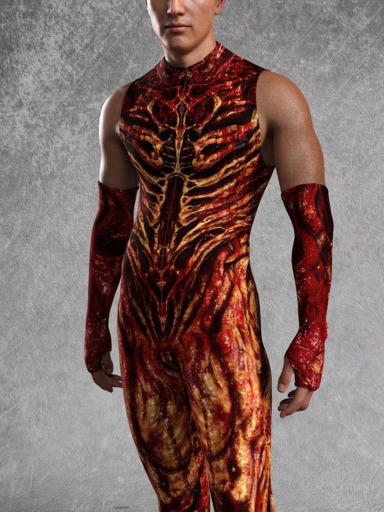 Men's Halloween Flame Magma Muscle Monster Bodysuit Tights Halloween Costume Bodysuit Babs