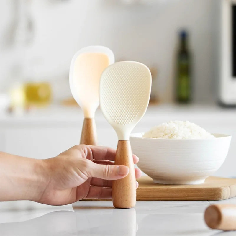 Non-Stick Silicone Rice Spoon – Wooden Handle Stand-Up Design Silicone Rice Spoon Babs