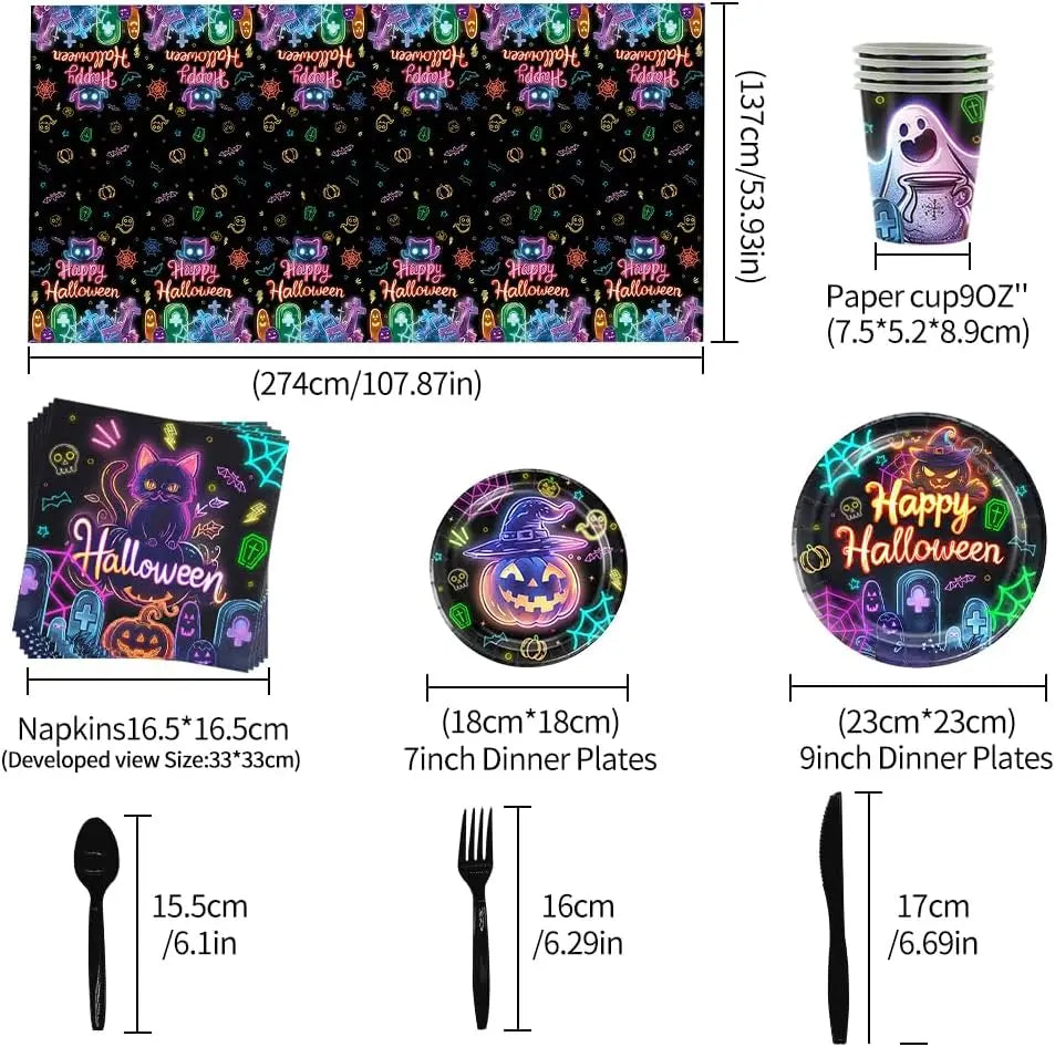 Fluorescent Halloween Party Tableware Set – Plates, Napkins & Tablecloth Disposable Party Tableware Babs