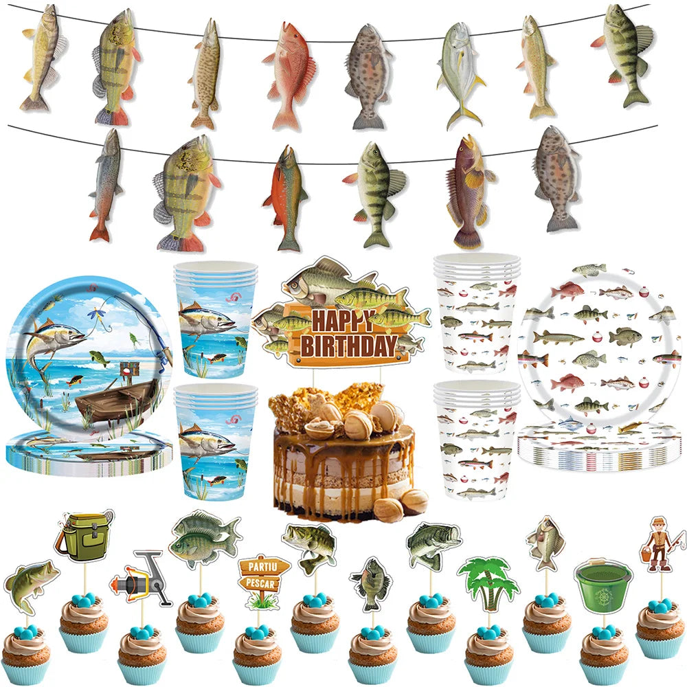 Gone Fishing Birthday Decorations – Banner, Tableware & Cake Toppers Party Decoration Set Babs