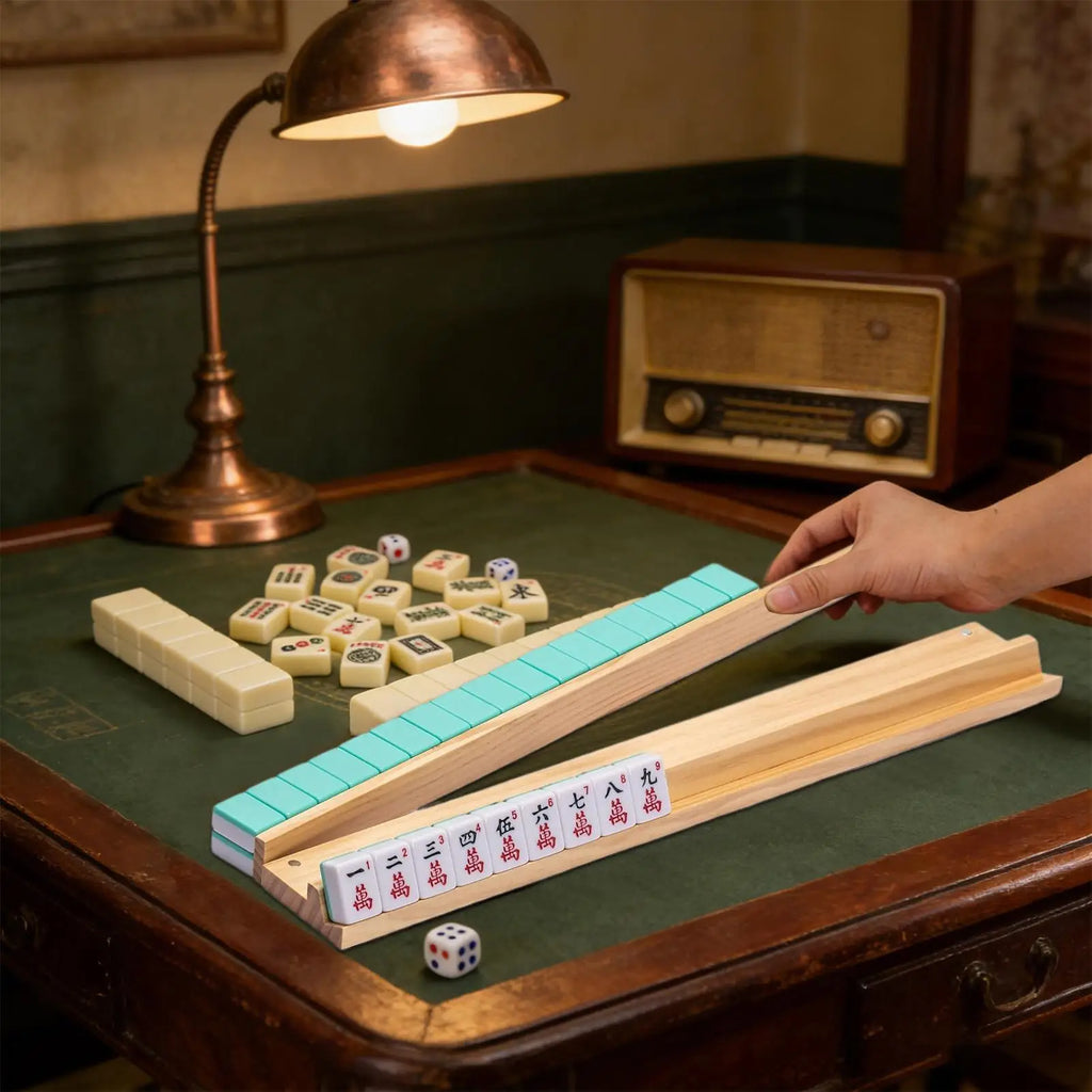 4-Pack Wooden Mahjong Racks with Pushers – Non-Slip Holders Mahjong Rack Set Babs