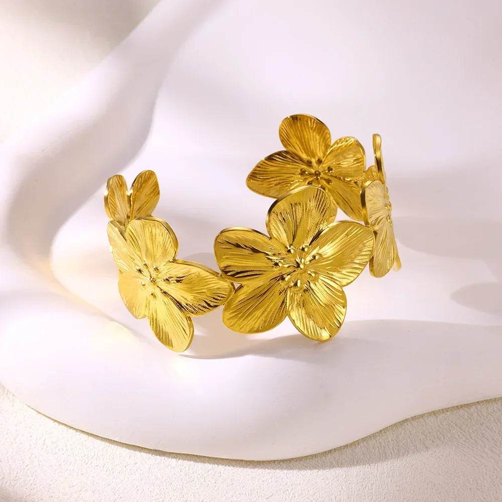 Flower Cuff Bracelet Gold Wide Face Fashion Jewelry for Women Cuff Bracelet Babs
