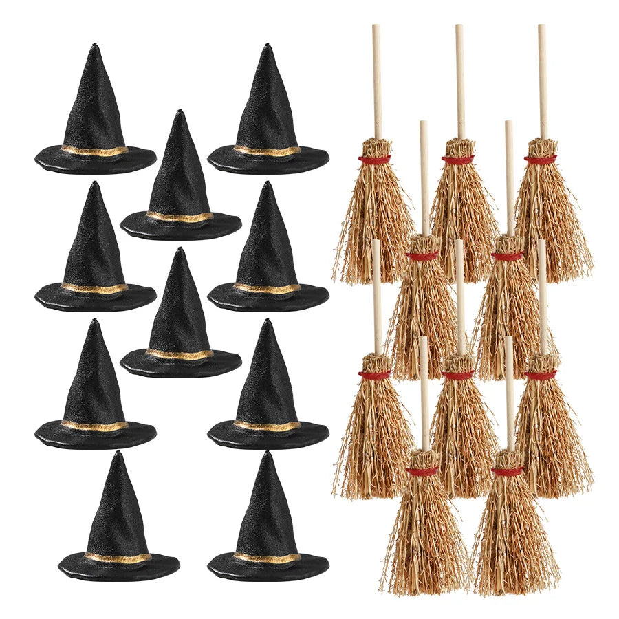 20Pcs Mini Witch Hats & Brooms Halloween DIY Decoration Set Halloween Craft Decor Babs 10Hat 10Broom