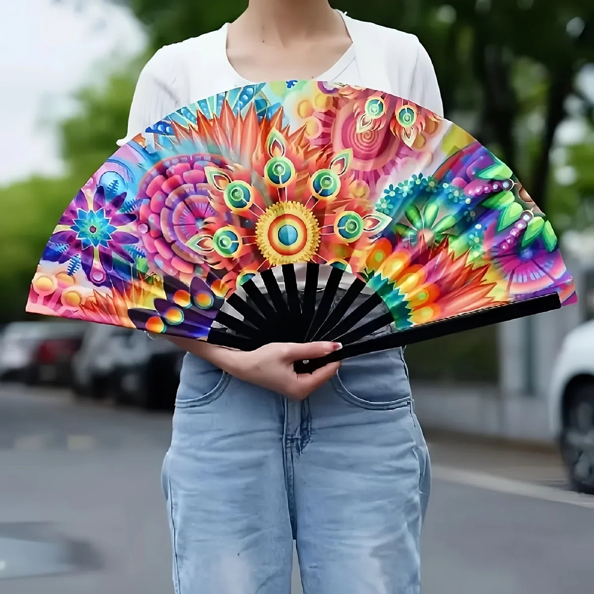 Large Carnival Folding Fan – Neon Mushroom Pattern, Unisex Decorative Folding Fan Babs Flower