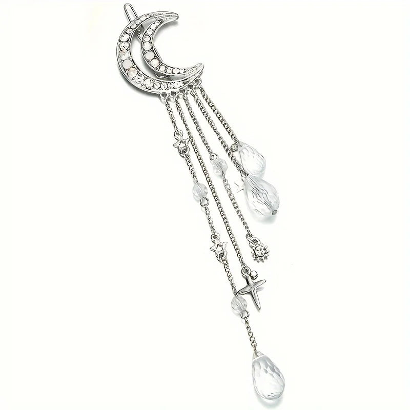Moon Crescent Crystal Fringe Hairpin – Women's Hair Barrette Crystal Hair Barrette Babs Silvery