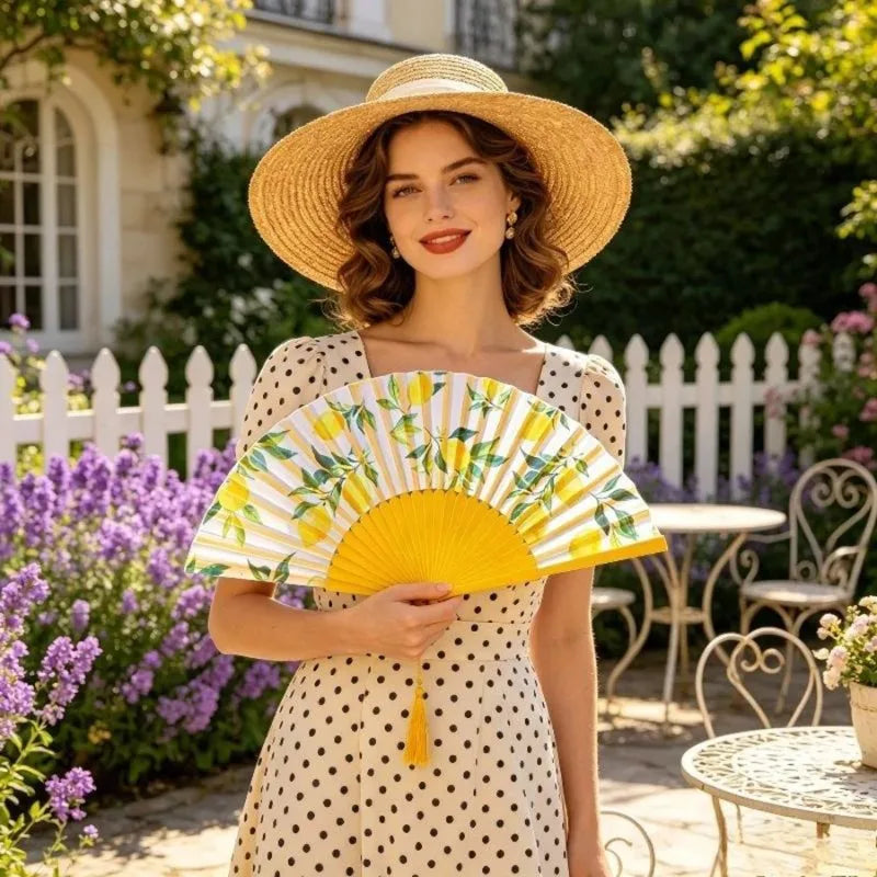 Spanish Lemon Folding Fan – Cloth & Bamboo Hand Fan for Women Folding Hand Fan Babs