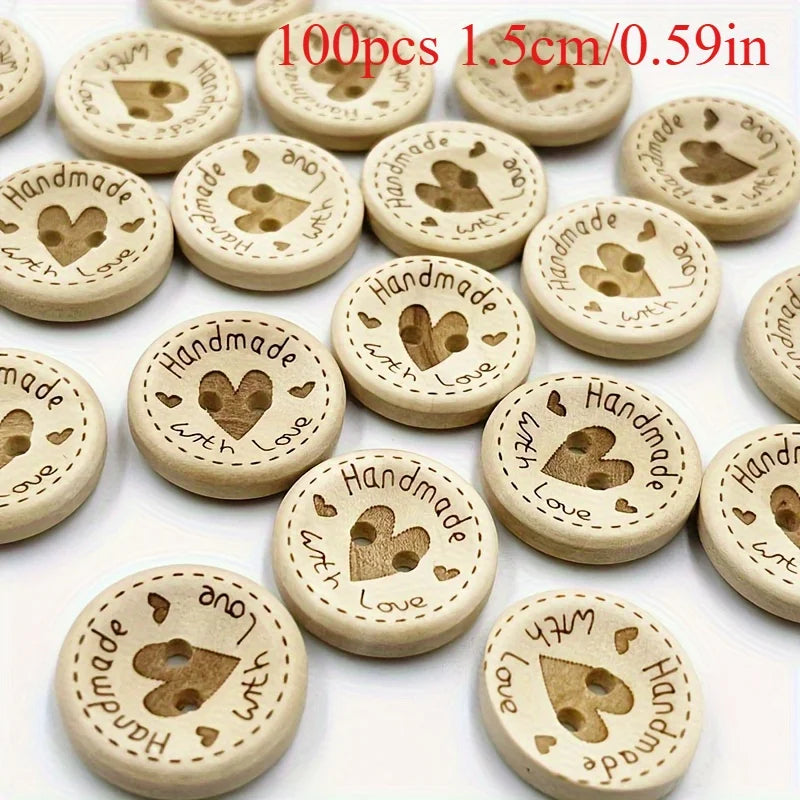 100pcs Heart-Shaped Wooden Buttons – 15mm 20mm 25mm Assorted Wooden Craft Buttons Babs 15mm