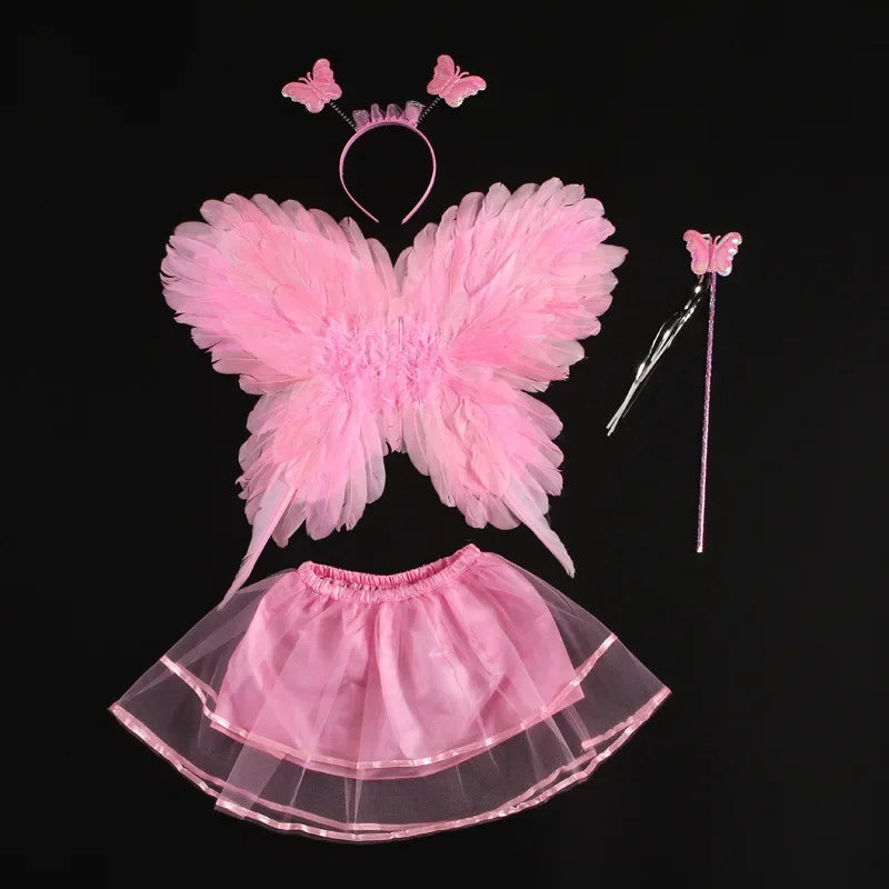 Girls Fairy Butterfly Feather Wings Costume Set with Skirt & Wand Kids Fairy Costume Set Babs pink