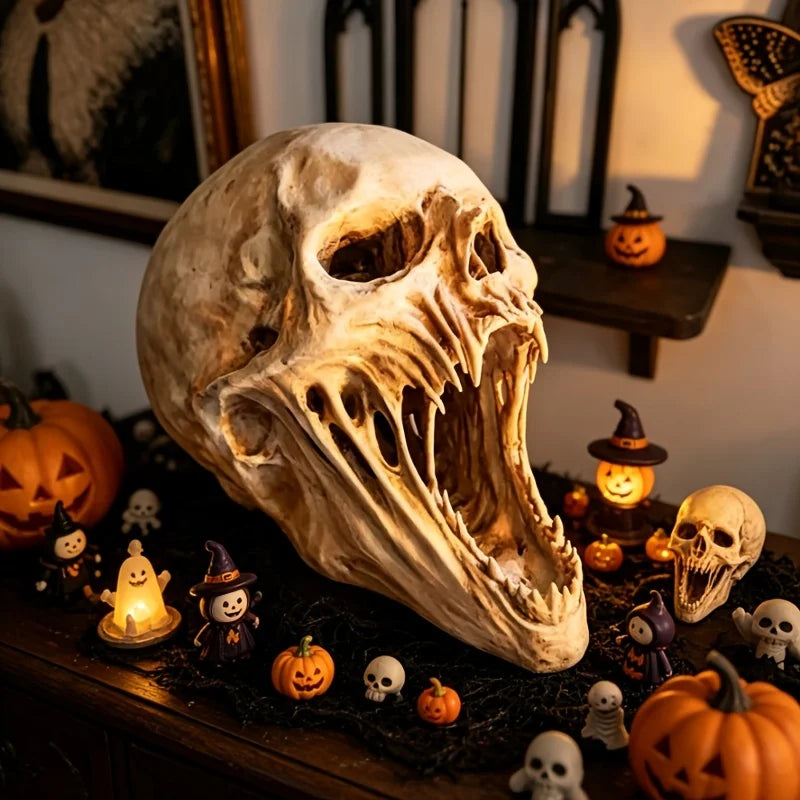 Halloween Giant Alien Fanged Skull Resin Statue | Gothic Decor Halloween Skull Statue Babs