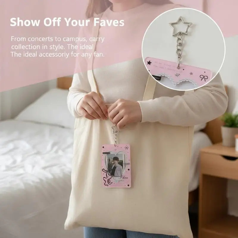 Heart Bow Kpop Photocard Holder with Star Keychain | Lace Frame Photocard Holder Babs