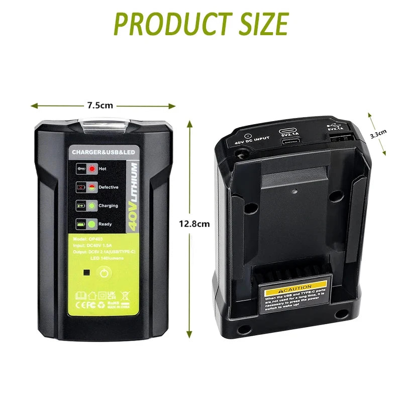 Ryobi 40V Battery Adapter USB Type-C 5V 2.1A LED Work Light Battery Power Adapter Babs