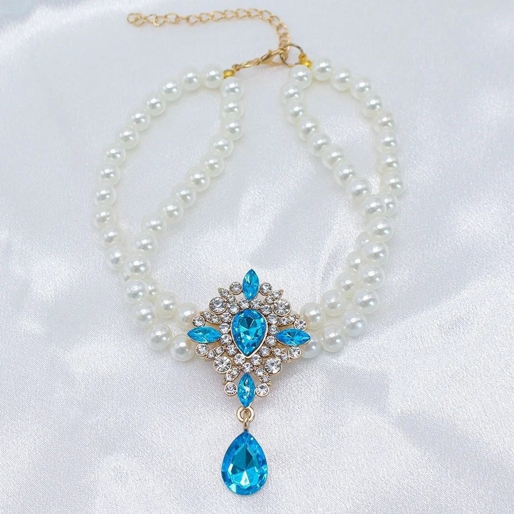 Double Layer Pearl Crystal Cat Necklace – Adjustable Collar Pet Collar Necklace Babs Light Blue S