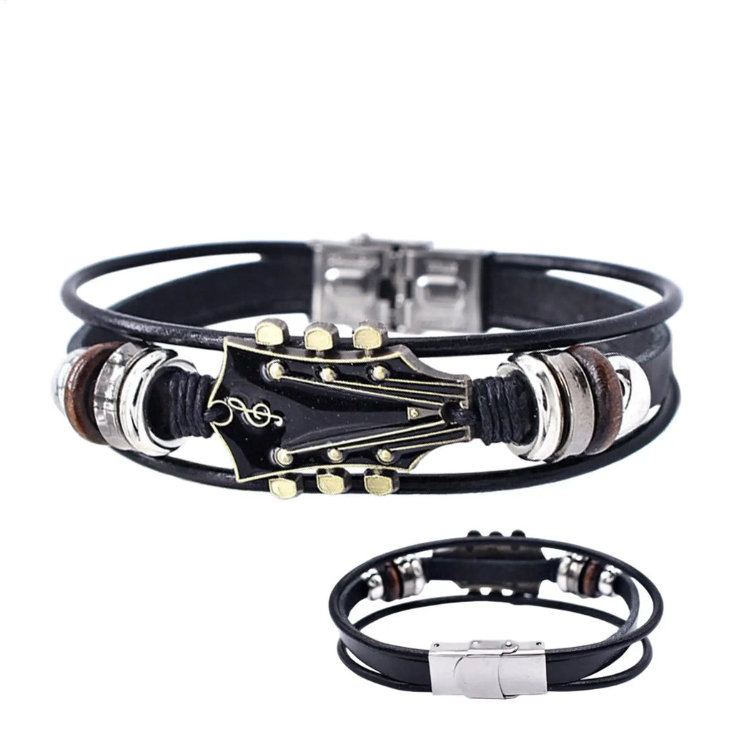 Retro Punk Guitar Charm Bracelet – Braided PU Leather Wrap Charm Wrap Bracelet Babs
