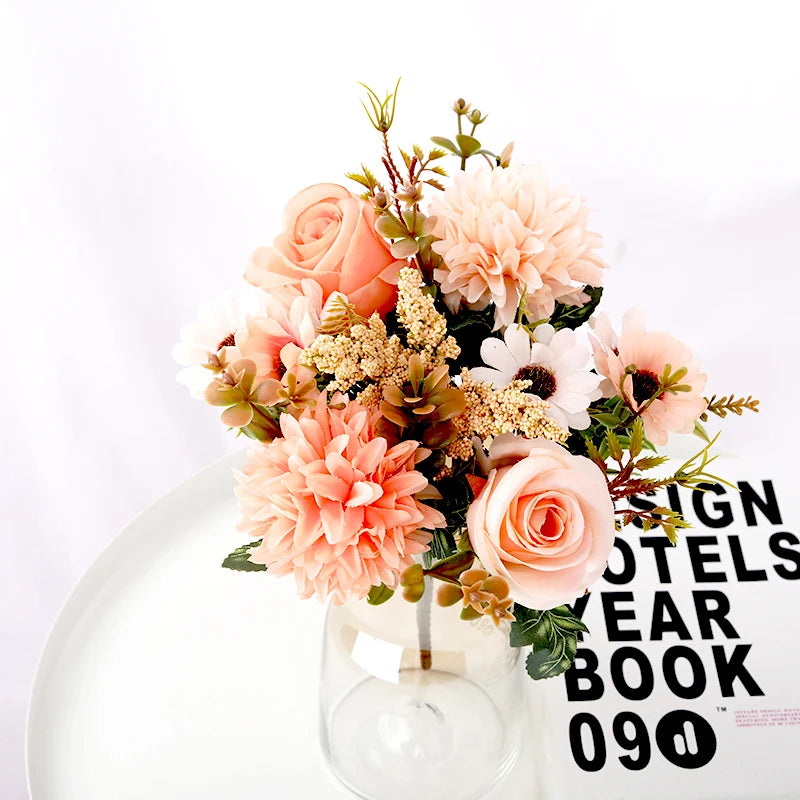 Silk Daisy Rose Artificial Flower Bouquet – Wedding & Home Décor Artificial Flower Bouquet Babs Champagne 1PC
