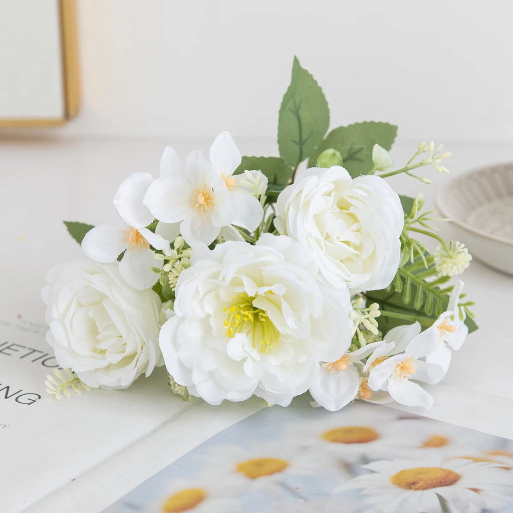 Artificial Silk Peony Hydrangea Bouquet – Wedding & Home Décor Artificial Flower Bouquet Babs WHITE 3 pcs