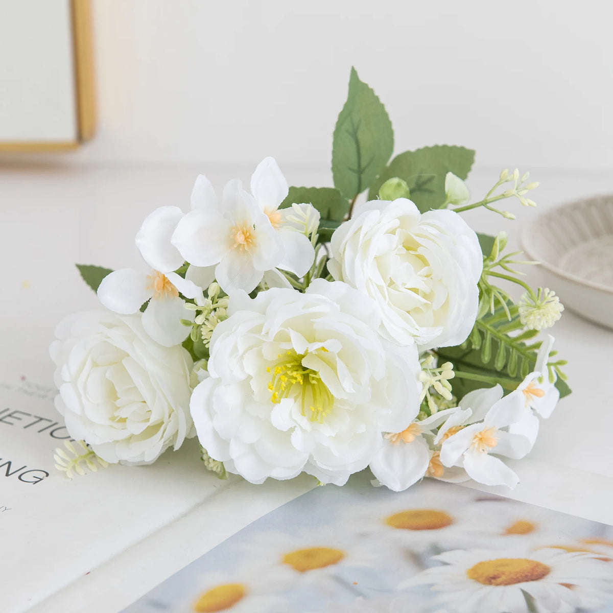 Artificial Silk Peony Hydrangea Bouquet – Wedding & Home Décor Artificial Flower Bouquet Babs WHITE 3 pcs
