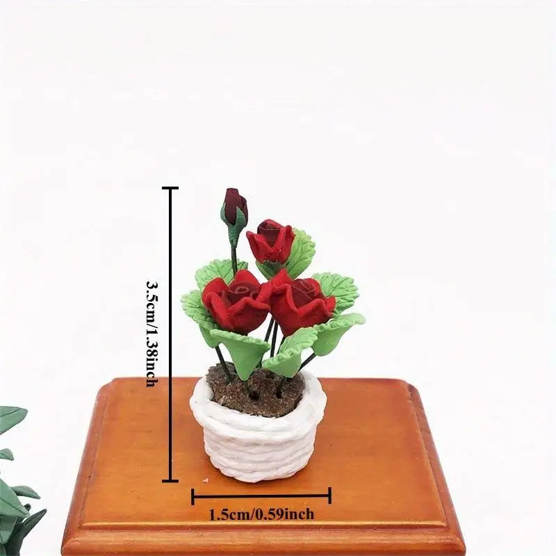 Miniature Red Rose Potted Plant – Resin Simulation Flower Decor Miniature Plant Decor Babs