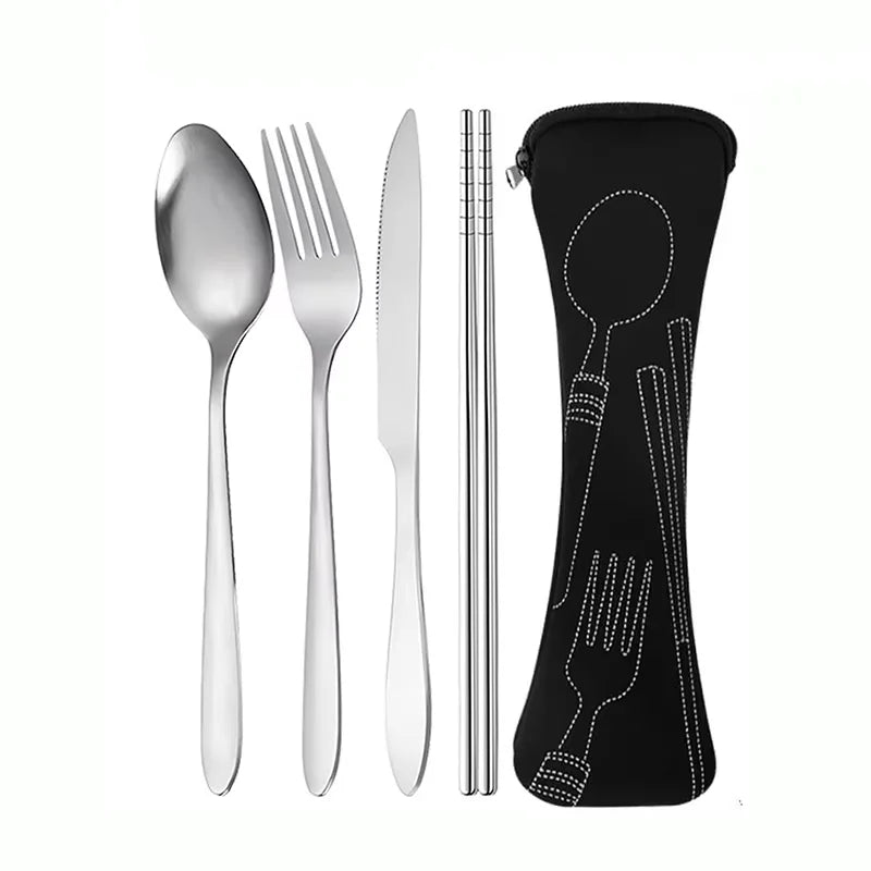 4-Piece Stainless Steel Tableware Set with Storage Bag Tableware Dinnerware Set Babs black