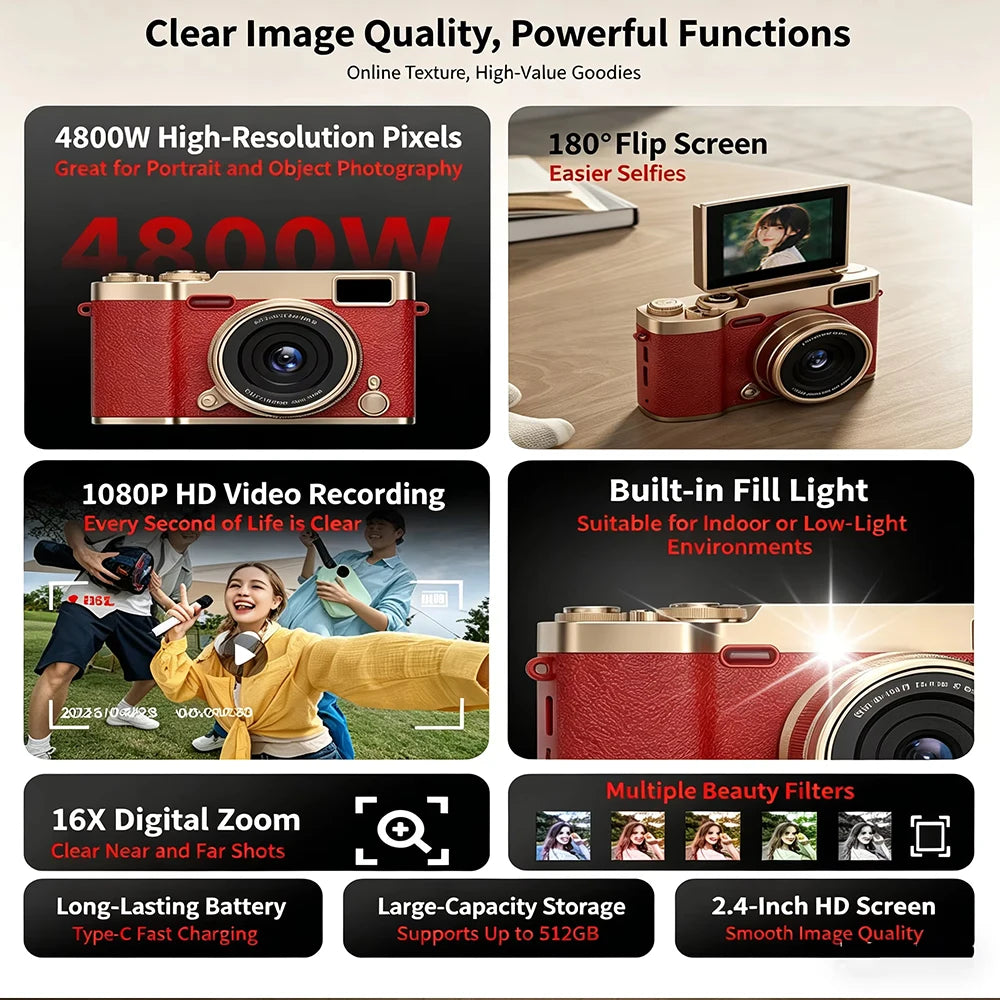 KEBIDUMEI 4K CCD Digital Camera 48MP 16X Zoom 180° Flip Selfie Digital Camera Babs